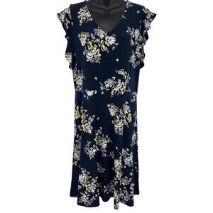 Ann Taylor Women Blue Floral Shift Dress Large Petite LP Sleeveless Ruffle New